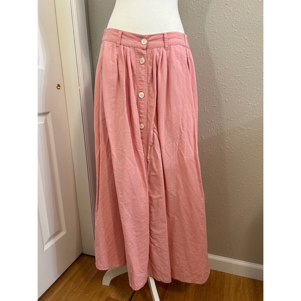 Vintage Cottagecore Coastal Cowgirl Pink Linen Cotton Maxi Skirt Button Front Sm